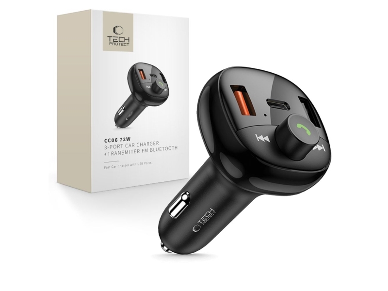 TECH-PROTECT CC06 3-port bil-laddare PD72W + FM-sändare Bluetooth svart | Bilvård & Biltillbehör - HiFi för bilar - Hifi Tillbehör | GameStuff