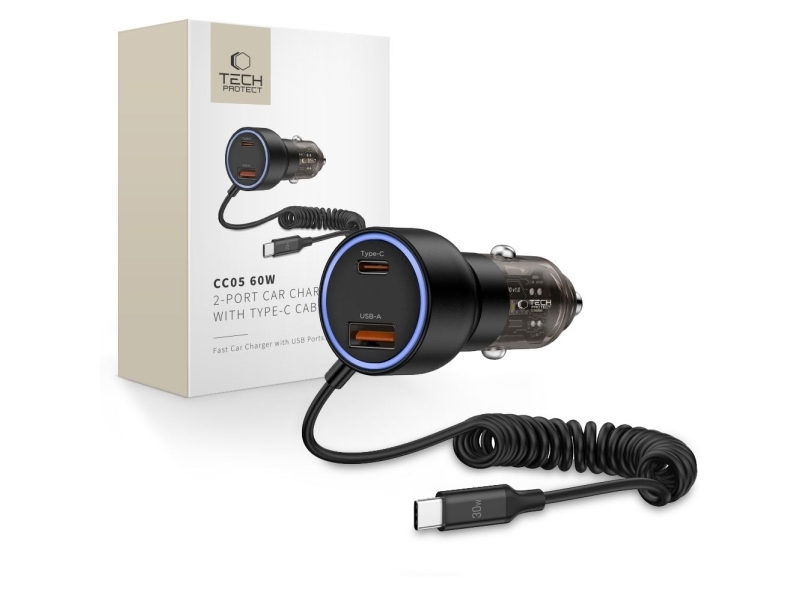 Ladegerät Tech-Protect Tech-Protect Cc05 2-Port Kfz-Ladegerät Pd60w + Kabel Schwarz