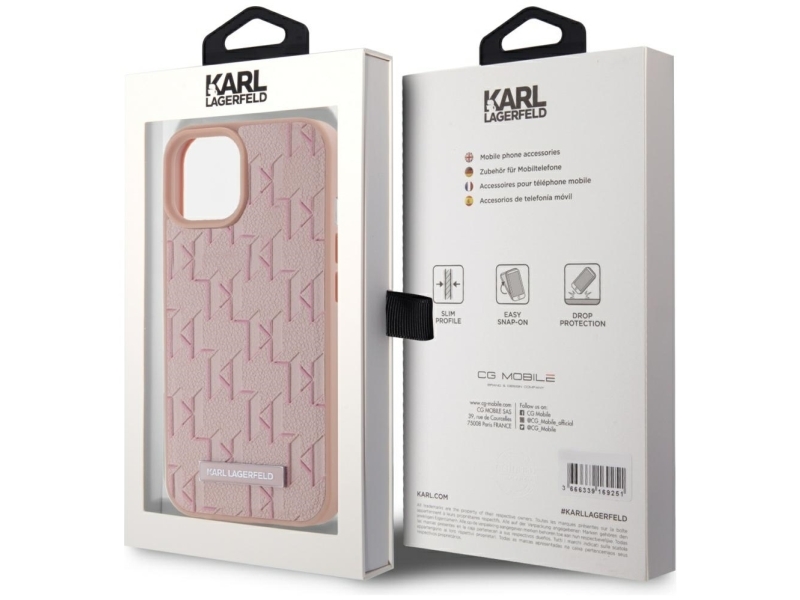 Karl Lagerfeld Læder Monogram Metal-Logo Magsafe Iphone 15 Cover - Pink