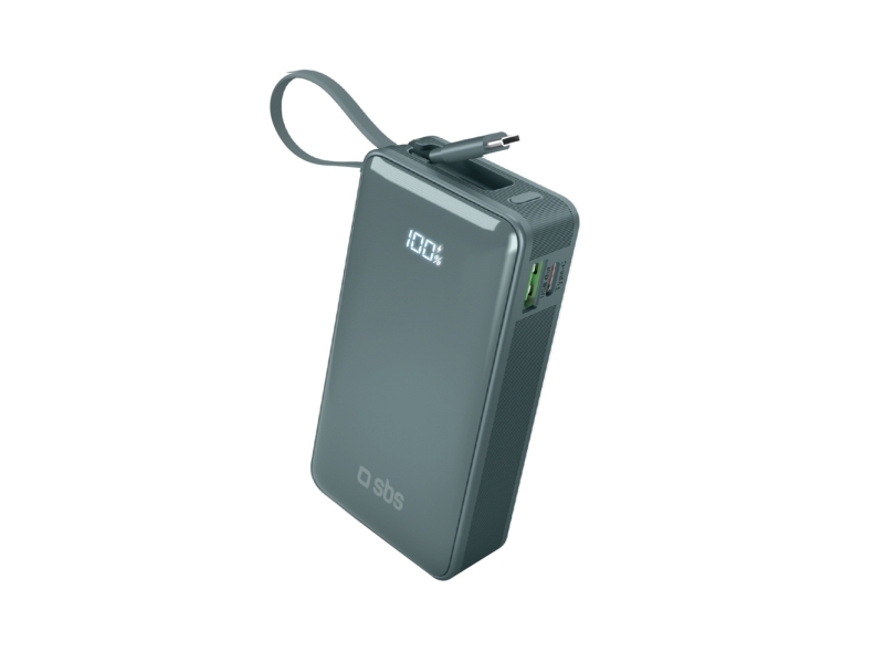 Sbs Powerbank 10000 Mah 20W Mit Integriertem Usb-C-Kabel Und Digitalem Display - Grau