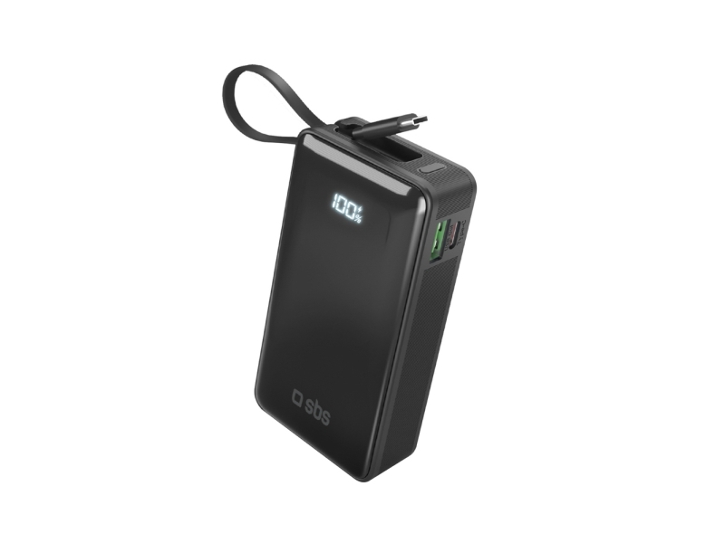 Powerbank Sbs 10000 Mah 20W Mit Integriertem Usb-C-Kabel Und Digitalem Display - Schwarz