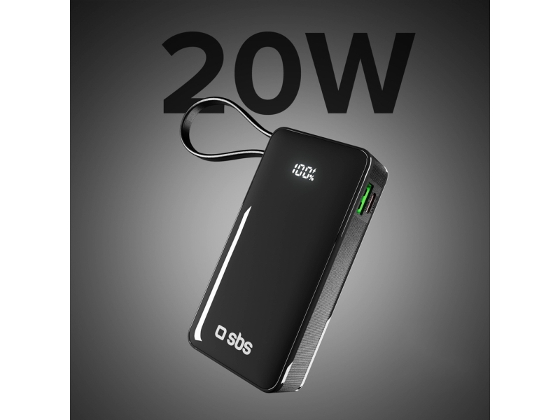 Powerbank Sbs 10000 Mah 20W Med Indbygget Usb-C-Kabel Og Digitalt Display - Sort
