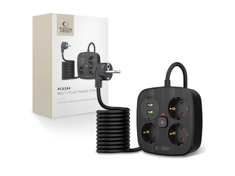 Tech-Protect Pcs3x4 Power-Strip 2 Usb & 2 Type-C & 3 Steckdosen 200Cm Schwarz