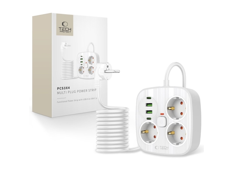 Tech-Protect Tech-Protect Pcs3x4 Steckdosenleiste 2×Usb & 2×Type-C & 3 Steckdosen 200 Cm Weiß