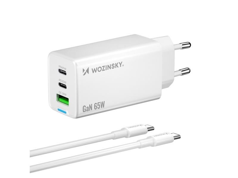 Wozinsky Gan 65W Oplader Med 2X Usb-A Til 65W Usb-C Kabel - Hvid