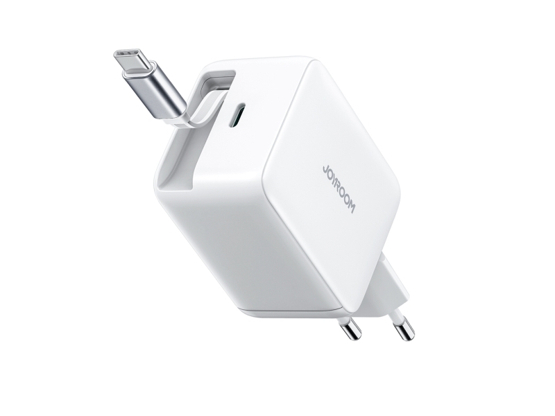 Joyroom Netzladegerät Jr-Tcl06 67W Gan Mit Integriertem Ausziehbarem Usb-C-Kabel Weiß