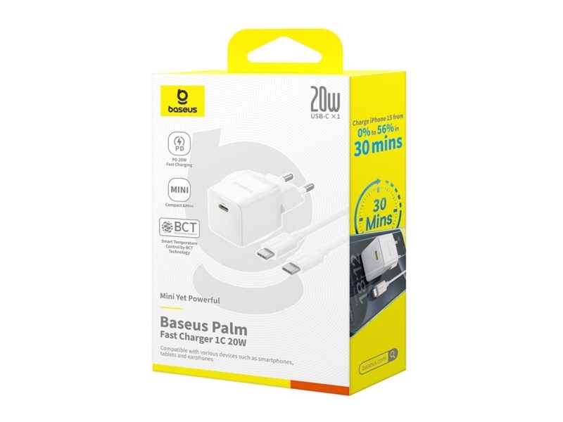 Baseus Netoplader Baseus Palm 1C 20W (Med Kabel Baseus Mini White Usb-C 60W 20V/3A 1M) Hvid