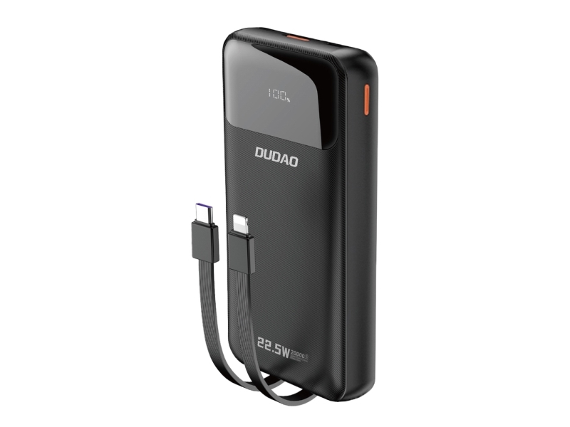 Dudao K15pro Powerbank 20000Mah 22,5W Pd Usb-C / Usb-A Med Indbyggede Lightning- Og Usb-C-Kabler - Sort