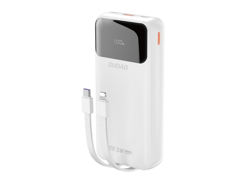 Dudao K15pro Power Bank 20000Mah 22,5W Pd Usb-C / Usb-A Med Indbyggede Lightning- Og Usb-C-Kabler - Hvid