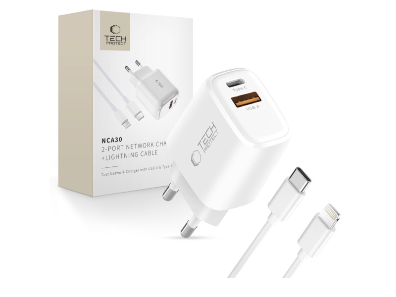 Tech-Protect Tech-Protect Nca30 2-Port Netzwerk-Ladegerät Pd 30W / Qc3.0 + Lightning-Kabel White