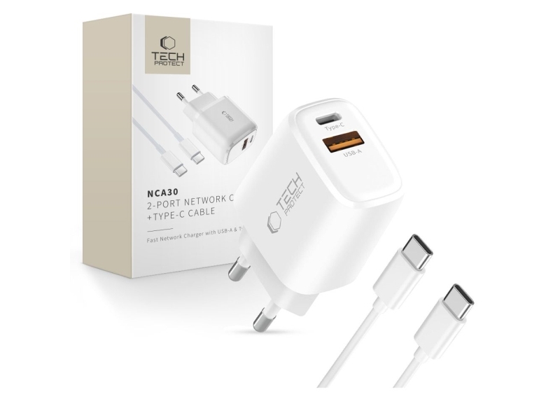 Netzwerk-Ladegerät Tech-Protect Tech-Protect Nca30 2-Port Network Charger Pd 30W / Qc3.0 + Type-C-Kabel Weiß