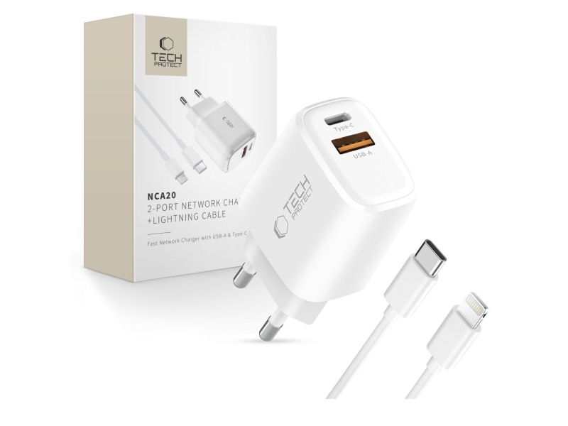 Tech-Protect Nca20 Pd 20W Qc3.0 Usb-A/Usb-C Wandladegerät + Usb-C/Lightning Kabel 100 Cm - Weiß