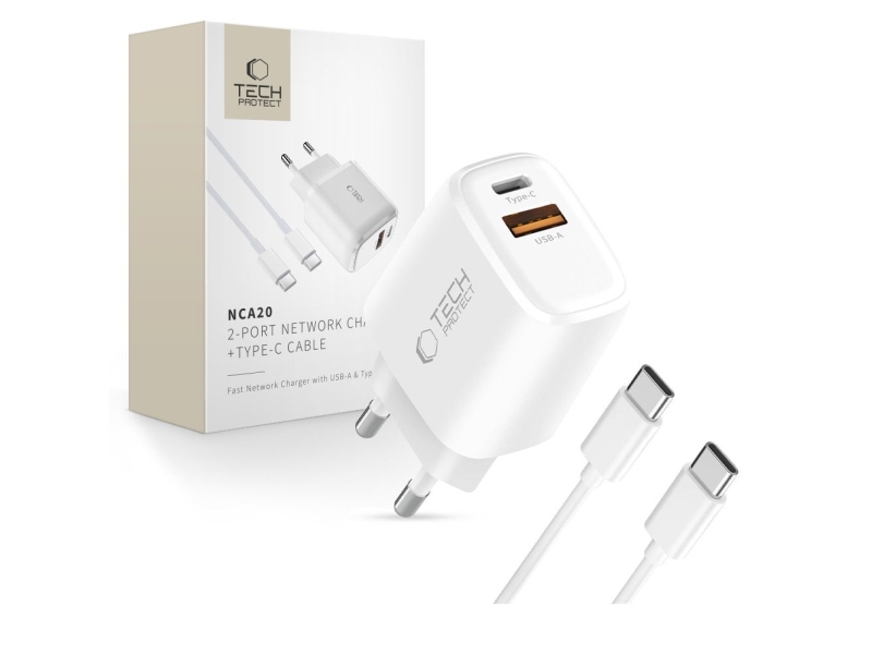 Netoplader Tech-Protect Tech-Protect Nca20 2-Port Netoplader Pd 20 W / Qc3.0 + Type-C Kabel Hvid