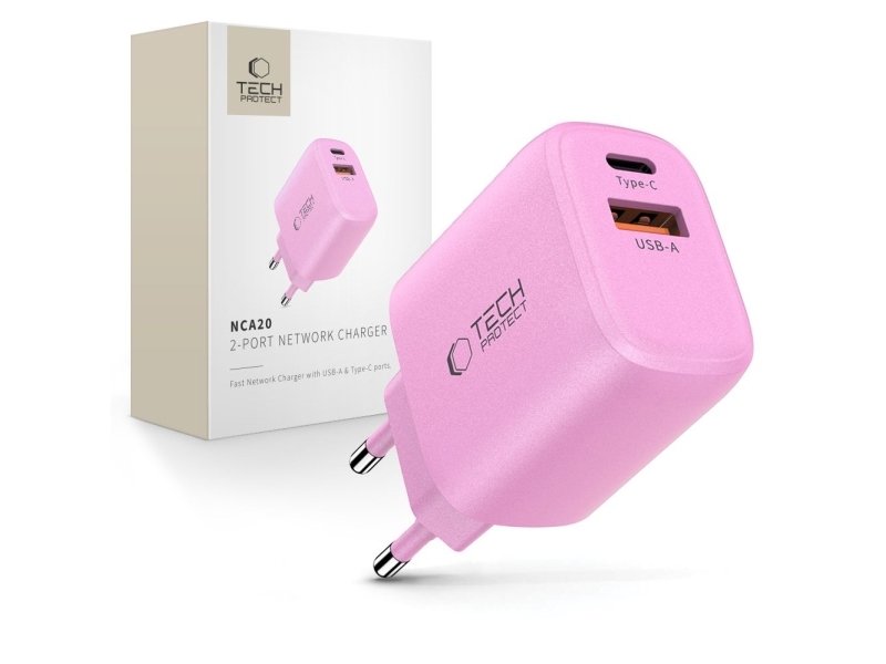 Tech-Protect Nca20 Pd 20W Qc3.0 Vægoplader Usb-A / Usb-C - Pink