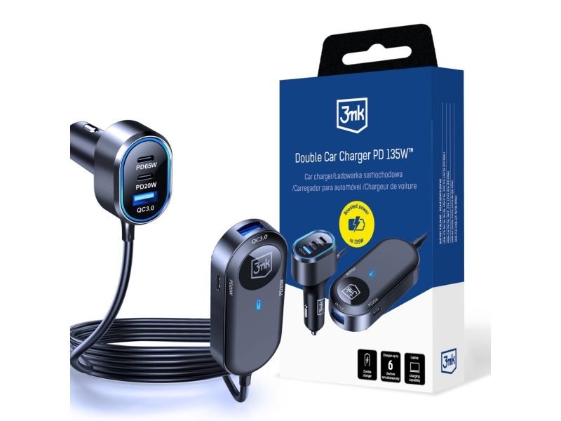 3Mk Doppel-Kfz-Ladegerät 135W Pd Qc Pps Usb 2A4c Schwarz/Grau
