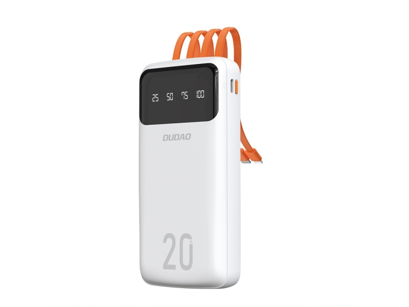 Dudao K6pro+ Powerbank 20000 Mah Med 3 Indbyggede Kabler Usb-C + Micro Usb + Lightning Hvid