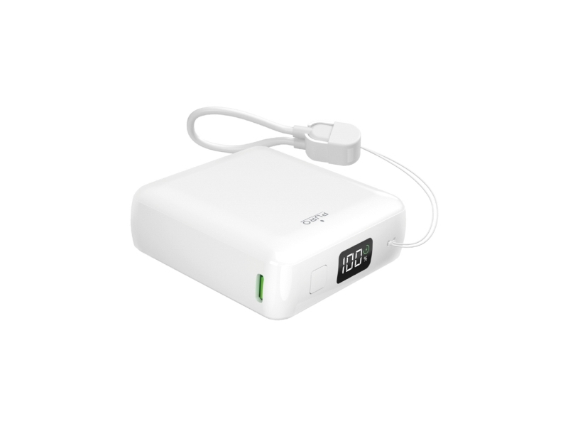 Puro 10000Mah 20W Powerbank Med Usb-C, Usb-A Og Display Samt Indbygget Usb-C-Kabel - Hvid