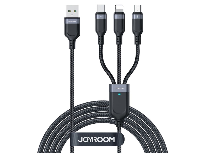 Joyroom S-A18 3-I-1 3,5A Usb-A - Lightning+Usb-C+Microusb Kabel 1,2 M - Sort