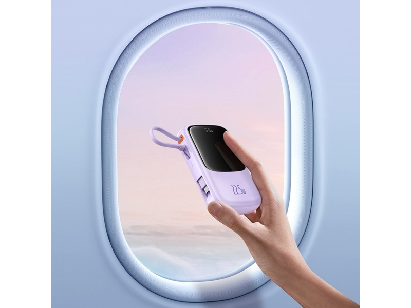 Poerbank Baseus Qpow Pro+ 10000mAh 22.5W integroidulla USB-C-kaapelilla, jossa on näyttö - violetti