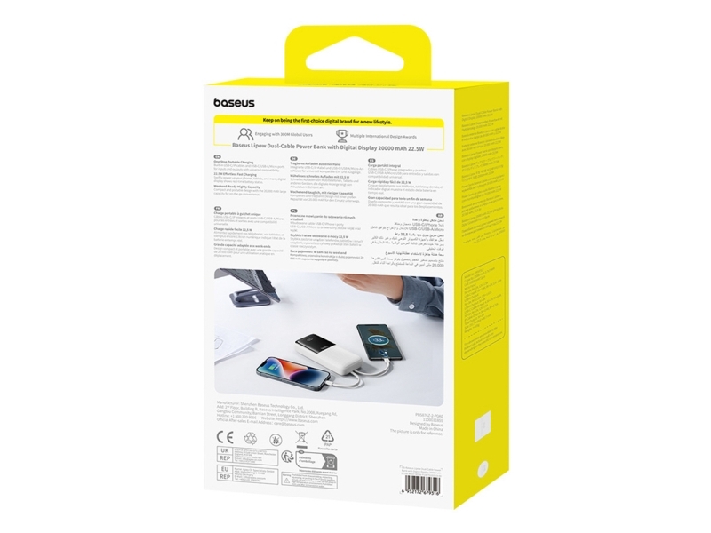 Baseus Powerbank Lipow 20000Mah 22,5W Med To Indbyggede Kabler Og Ekstra Kabel Simple Usb-A Til Usb-C 3A 20Cm Hvid
