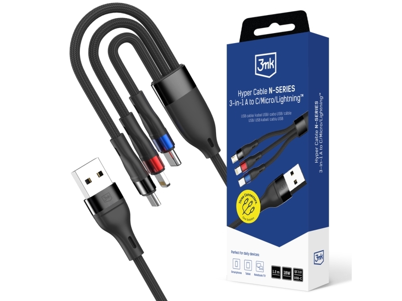 3Mk Hyper Cable N-Series 3-I-1 Usb-A Til Usb-C/Lightning/Microusb 1,2 M 9V/2A 18W Sort