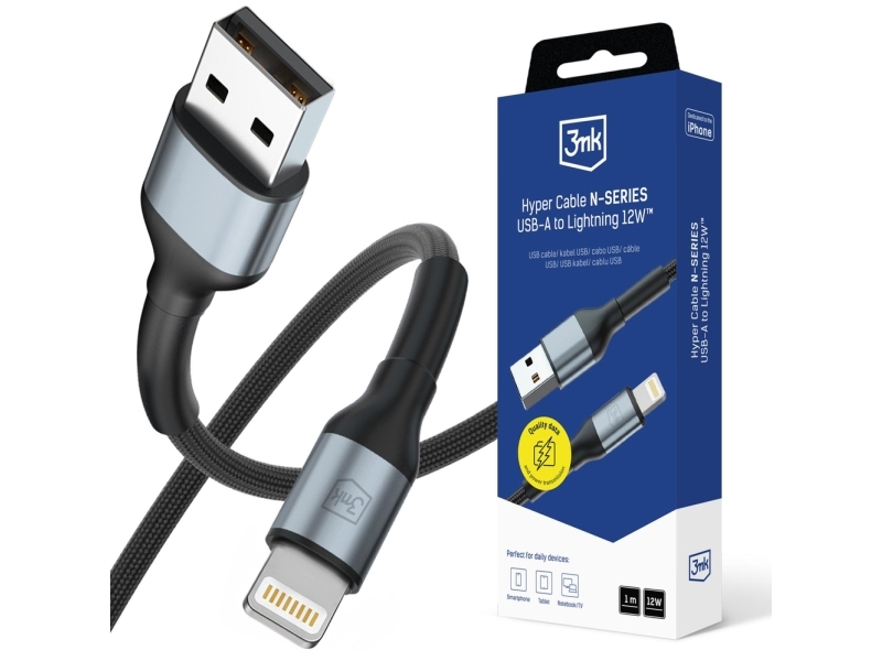 3Mk Hyper Cable N-Series Usb-A / Lightning 1M 5V/2.4A 12W - Sort