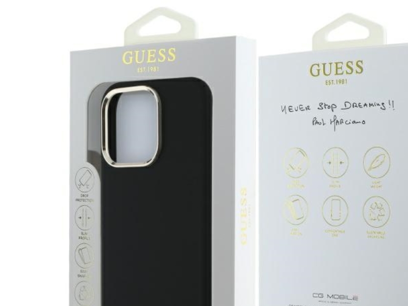 Guess Silikone Script Metal-Logo & Ramme Cover Til Iphone 16 Pro Max - Sort