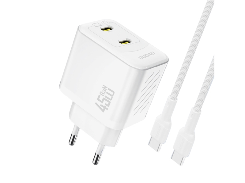 Dudao A28PCEU Adapter 45Watt 2xUSB-C (1m USB-C till USB-C-kabel ingår) Hvid | EL Artiklar - Batteri - Batteriladdare | GameStuff