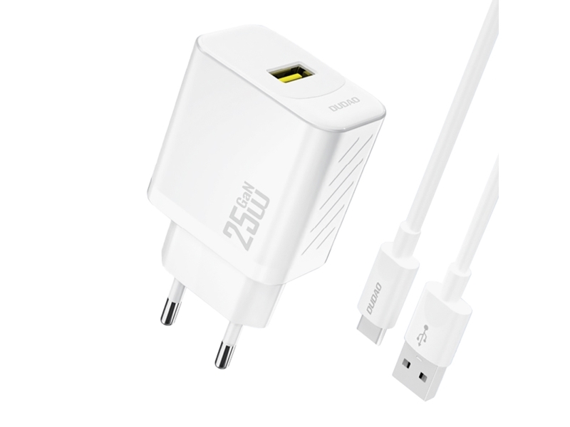 Dudao Usb-A Netoplader Med Usb-A Til Usb-C Kabel Gan 25W - Hvid