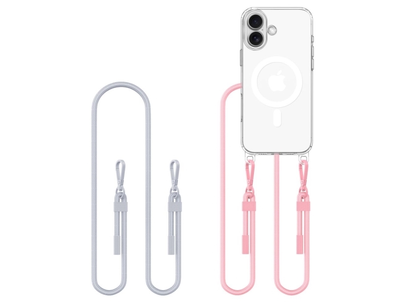 Hurtel Tech-Protect Flexair Chain Magsafe-Cover Til Iphone 16 - Klar + 2 Nøglerem Med Karabinhage (Pink Og Grå)