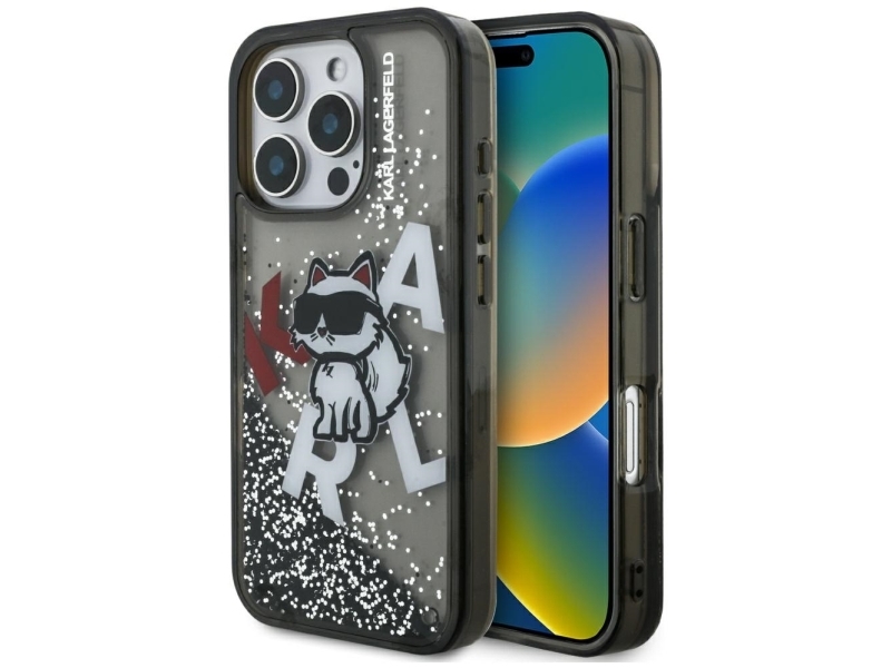 Karl Lagerfeld Flydende Glitter Choupette-Logo-Cover Til Iphone 16 Pro - Sort