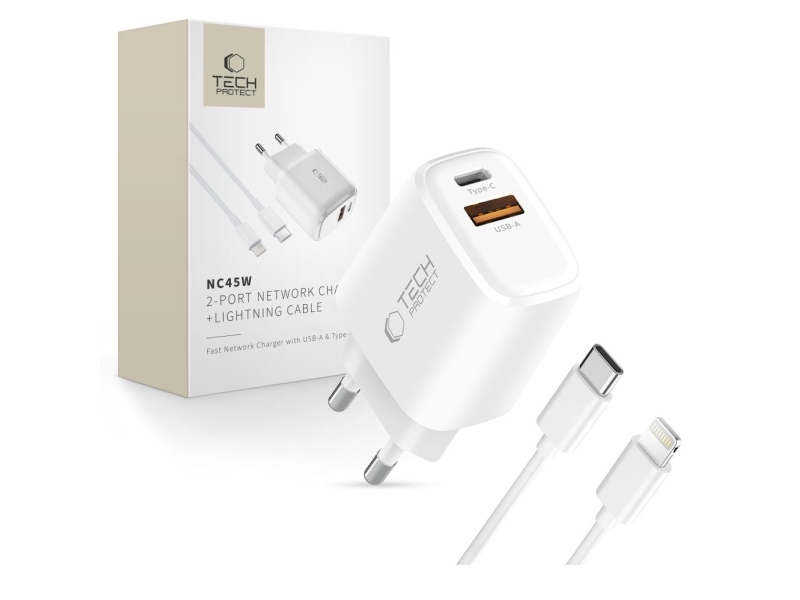 Tech-Protect Nca45w-Gan Oplader 2-Port Netværksoplader Pd 45W / Qc3.0 + Lightning-Kabel Hvid