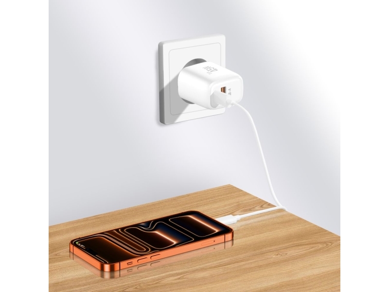 Tech-Protect Nca45w-Gan Oplader 2-Port Netværksoplader Pd 45W / Qc3.0 + Lightning-Kabel Hvid