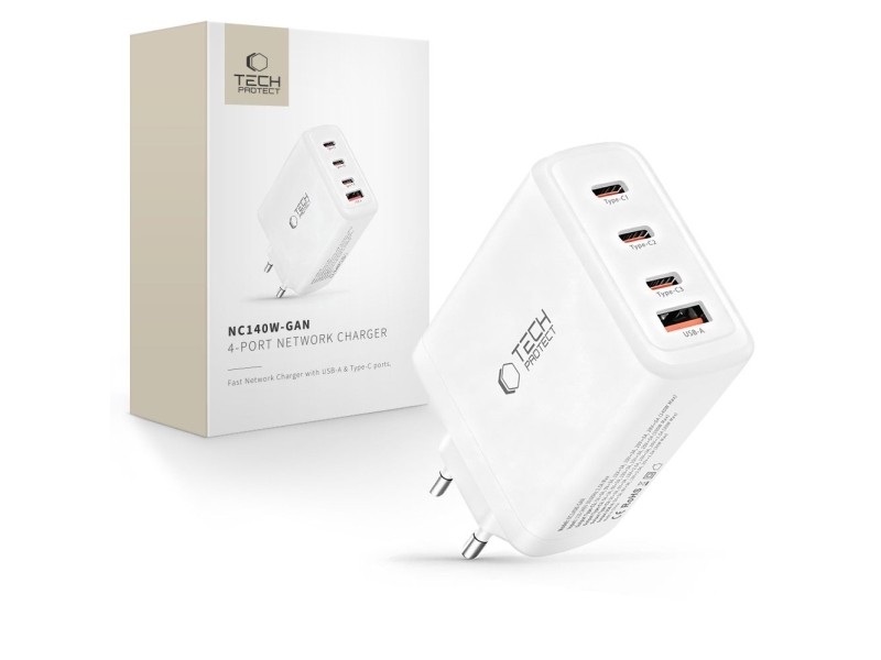 Tech-Protect Tech-Protect Nc140w-Gan 4-Port Netzwerk-Ladegerät Pd 140W / Qc3.0 - Weiß