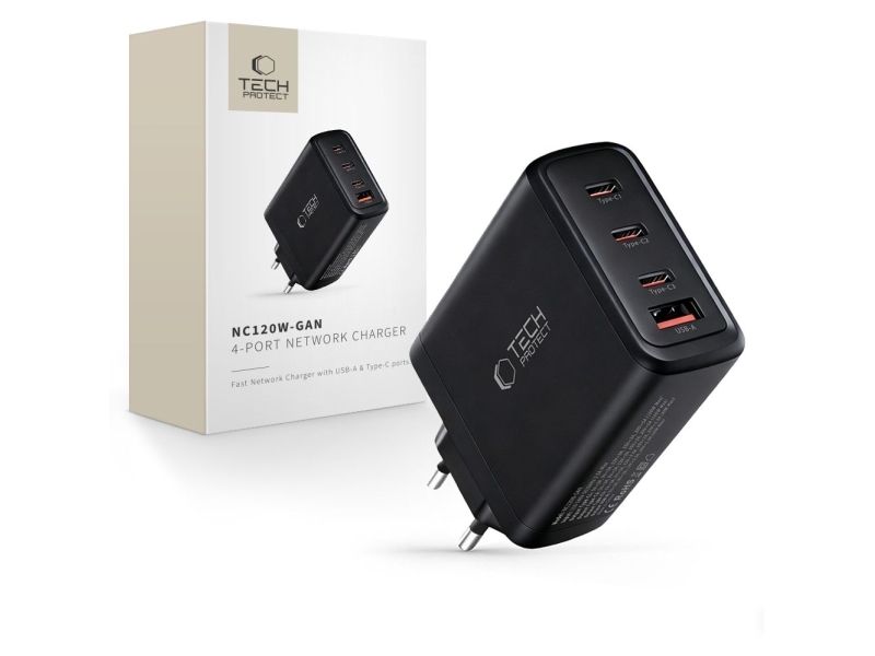 Tech-Protect Tech-Protect Nc120w-Gan 4-Port-Netzwerkladegerät Pd 120W / Qc3.0 Schwarz