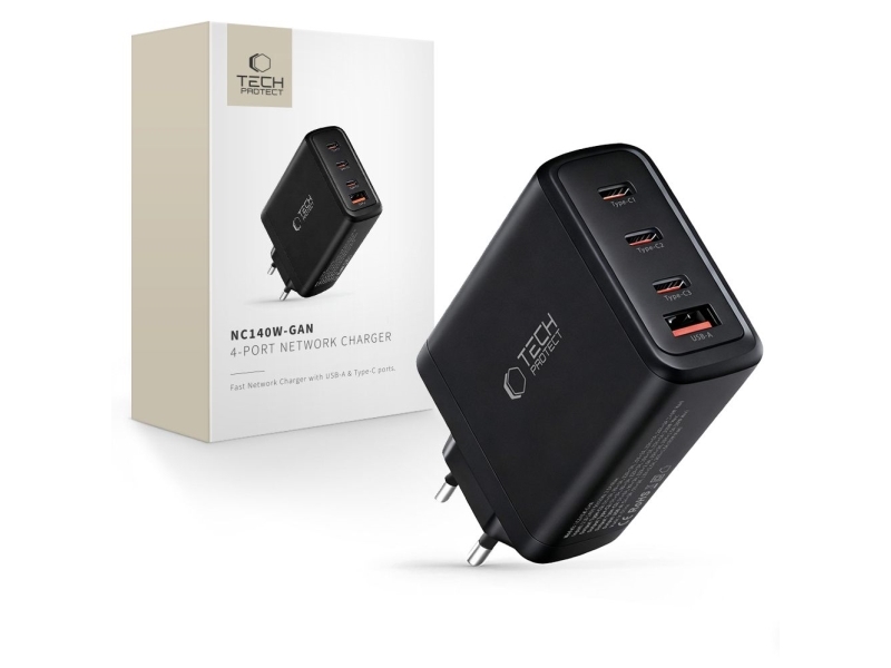 Tech-Protect Tech-Protect Nc140w-Gan 4-Port-Netzwerkladegerät Pd 140W / Qc3.0, Schwarz