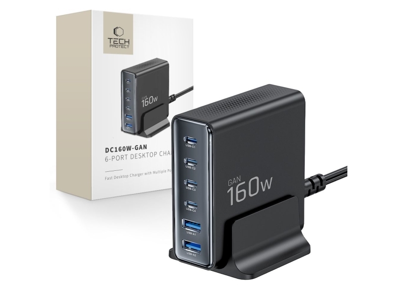 Tech-Protect Dc160w-Gan 6-Port 160W Wandladegerät - Schwarz