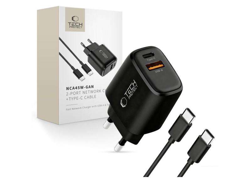 Tech-Protect Netzladegerät Tech-Protect Nca45w-Gan 2-Port 45W Pd/Qc3.0 + Type-C-Kabel Black