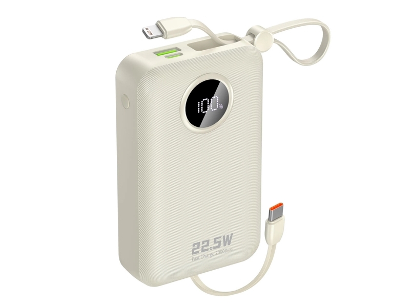 Dudao K14+ Powerbank 20000Mah 22,5W Usb-C / Usb-A - Hvid Med Indbyggede Lightning- Og Usb-C-Kabler