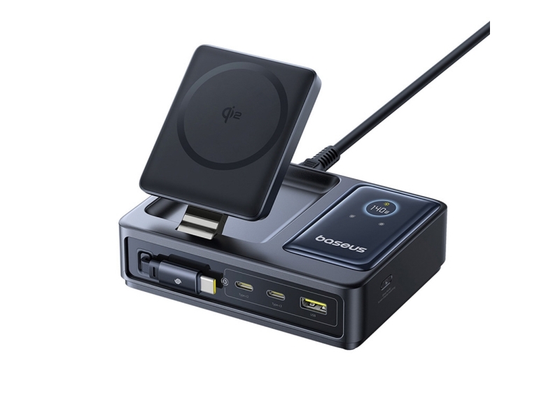 Baseus Nomos 140W Qi2 5-In-1 Wireless-Ladestation Mit Ausziehbarem Usb-C-Kabel Und Digitalanzeige - Schwarz