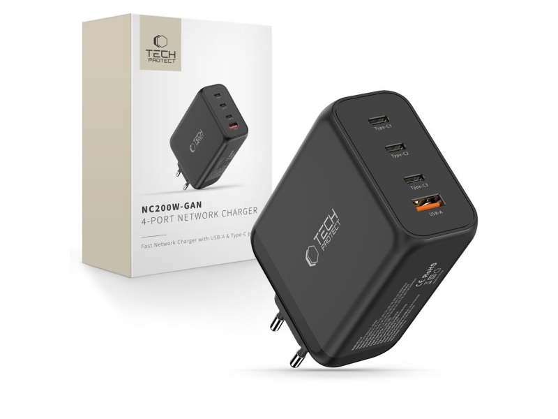 Tech-Protect Nc200w-Gan 4-Ports Netoplader Pd 200W / Qc3.0 Sort