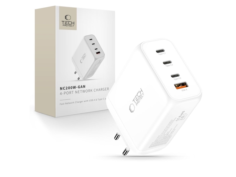 Tech-Protect Nc200w-Gan Netværksoplader 4-Porte Pd 200W / Qc3.0 Hvid