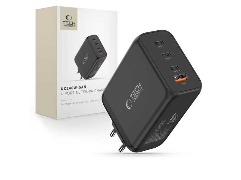 Tech-Protect Tech-Protect Nc240w-Gan Netzladegerät 4-Port, Pd 240W / Qc3.0, Schwarz