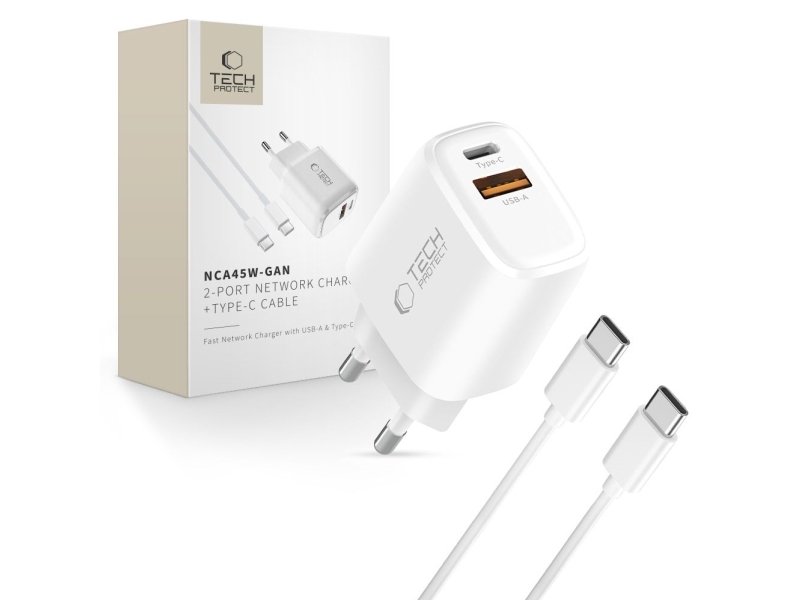 Tech-Protect Tech-Protect Nca45w-Gan 2-Port Netværksoplader Pd 45W / Qc3.0 + Type-C Kabel Hvid