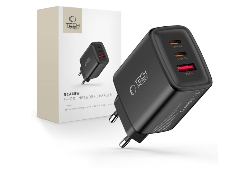 Tech-Protect Nca65w-Gan 3-Port 65W Wandladegerät - Schwarz