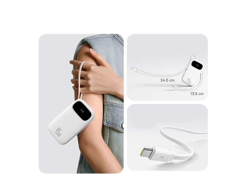 Baseus Enerfill Fc31 Qpow3 Powerbank 20000 Mah 45W Med Digitalt Display Og 2 Indbyggede Kabler Usb-C - Hvid