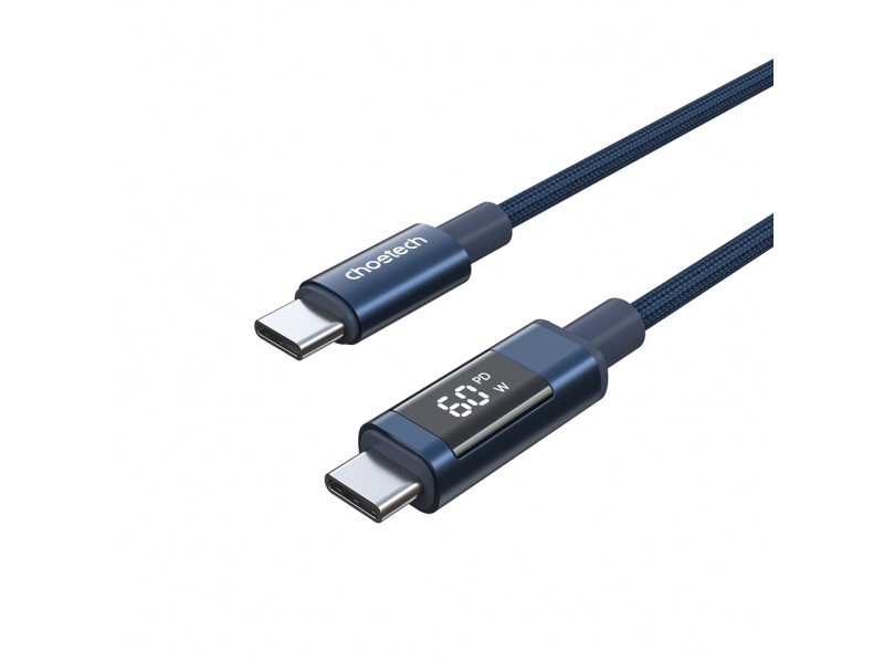 Choetech Pd60w Usb-C Auf Usb-C Kabel Mit Digitalanzeige 1,2 M Nylon – Blau