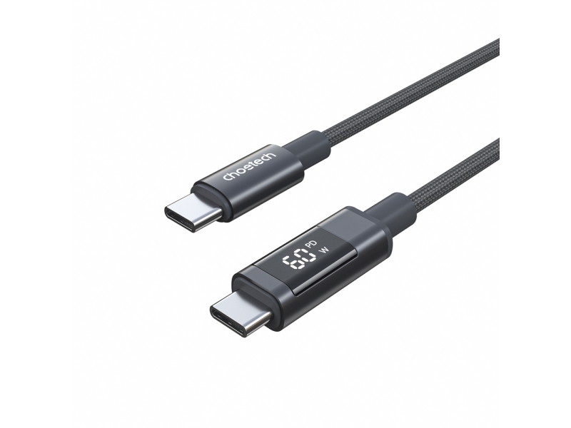 Usb-C Auf Usb-C Kabel Choetech Pd60w Mit Digitalanzeige 1,2 M Nylon - Schwarz