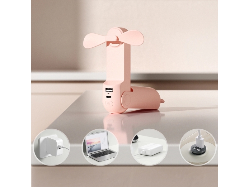 Jisulife Mini Håndholdt Ventilator Usb Med Powerbank 4500Mah Og Lommelygte (Rosa)