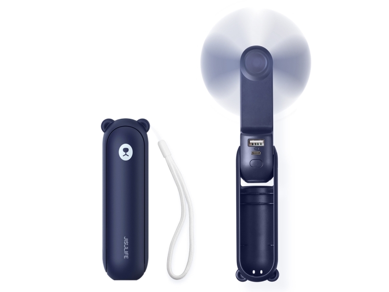 Jisulife mini-håndblæser USB med powerbank 2000 mAh og lommelygte - blå